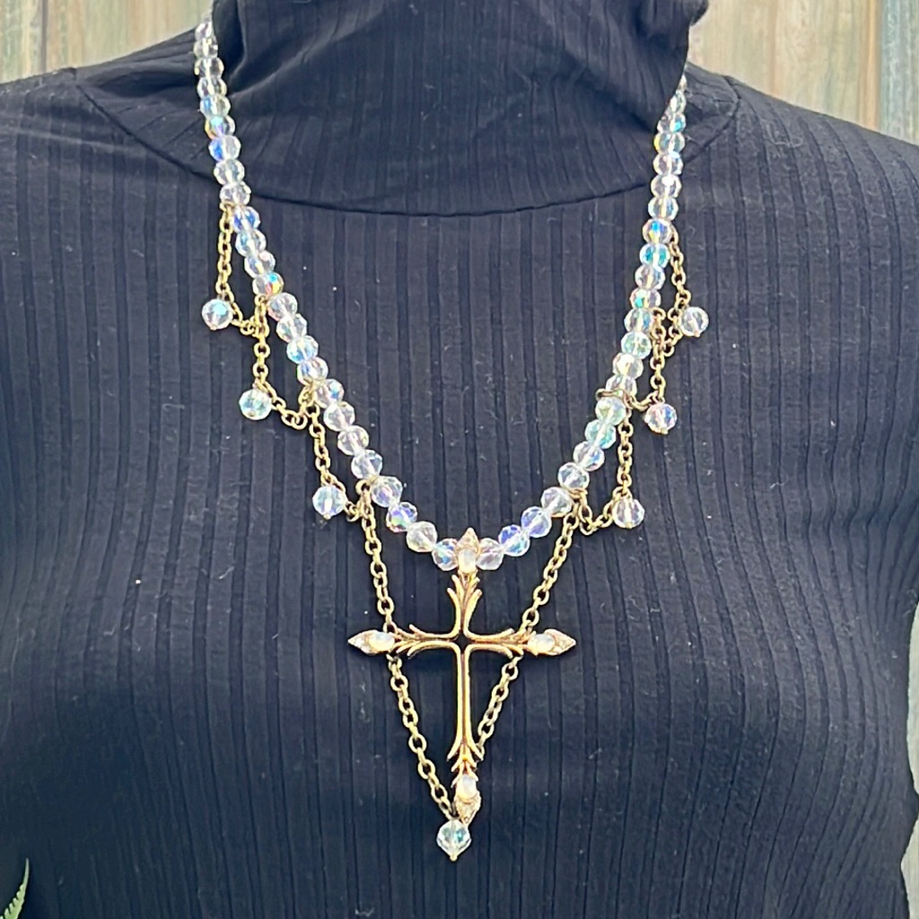 Adorned Crown Necklace Aurora Borealis Crystals Cross Artisan Assemblage 47$